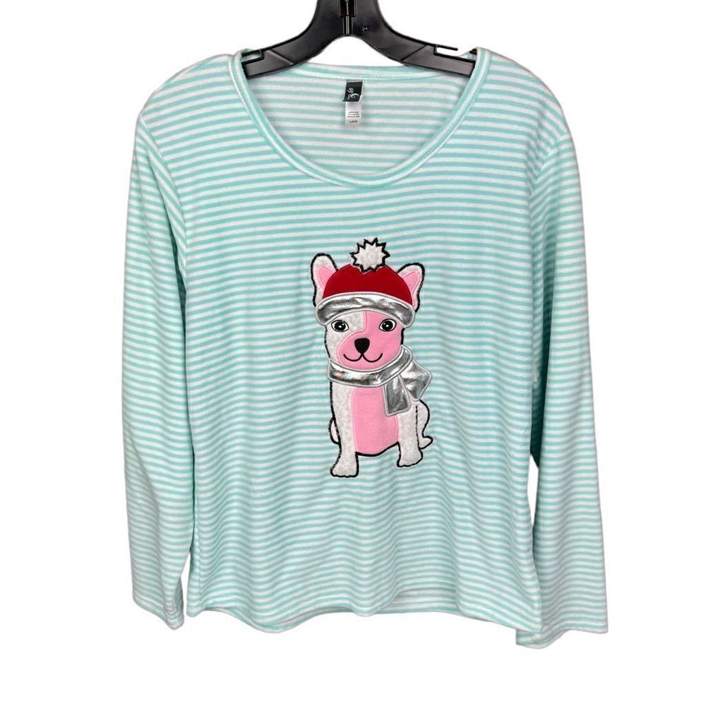 PJ Couture Pajama Top Aqua White Stripe Dog Appliqué Christmas Junior Large